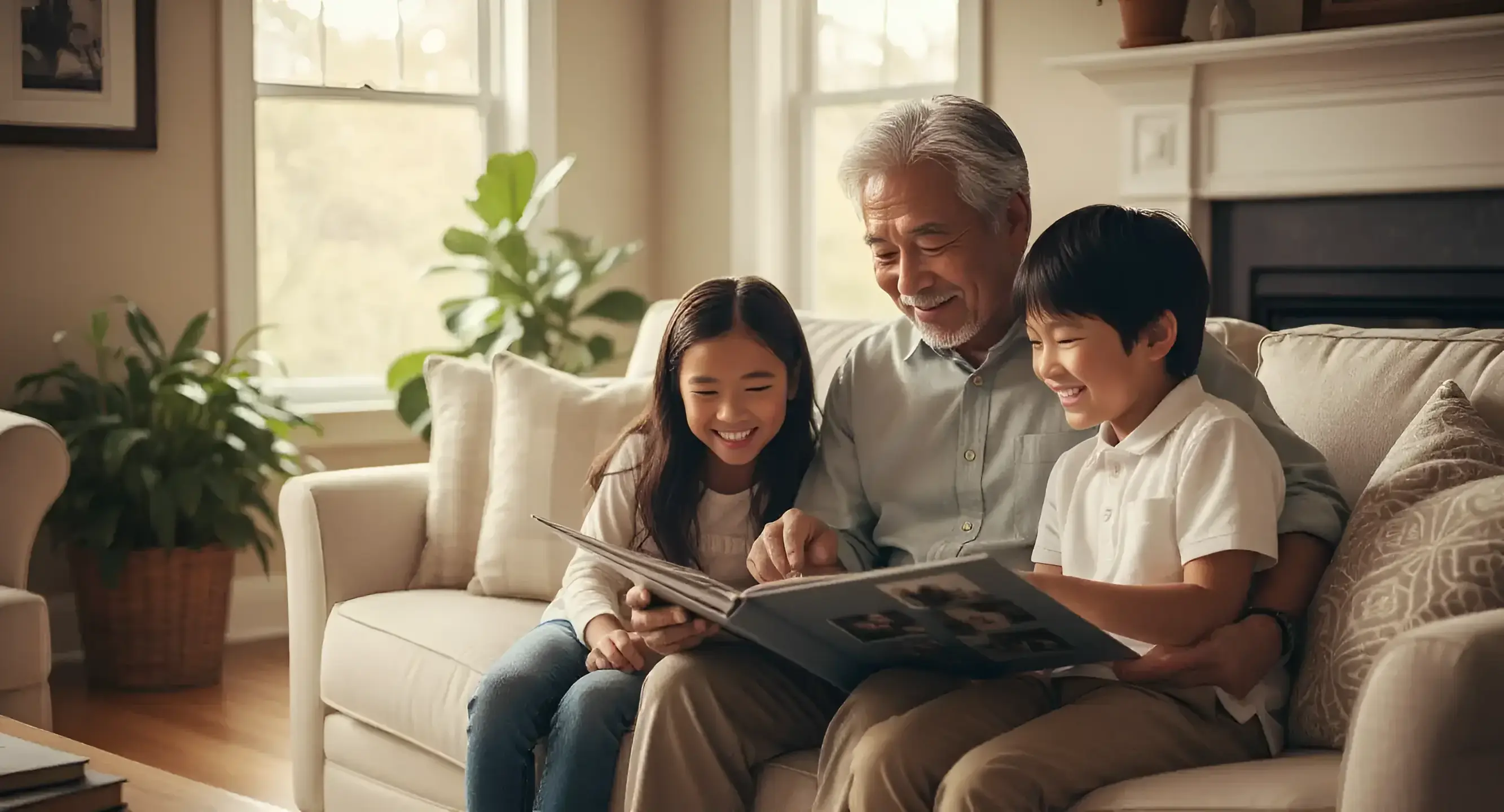 Family sitting on couch reading a book