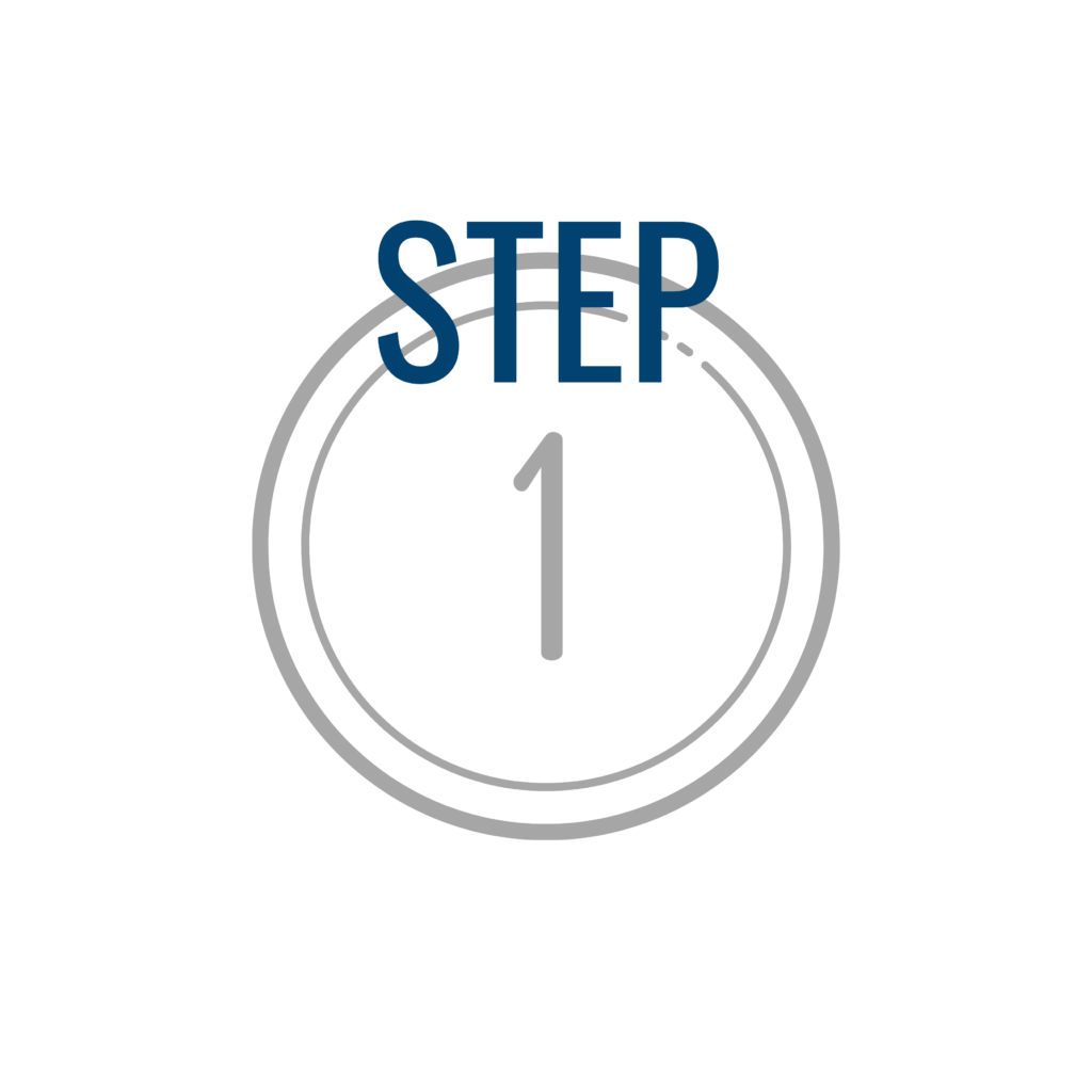A circular icon with the word "STEP" above a large number "1" inside the circle, indicating the first step in a process.