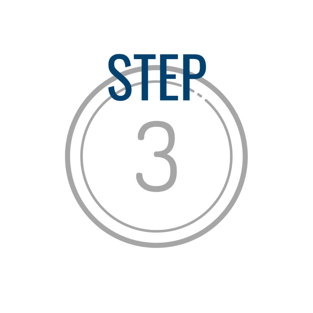 A circular graphic with the words "Step 3" in the center, featuring gray and blue text on a white background.